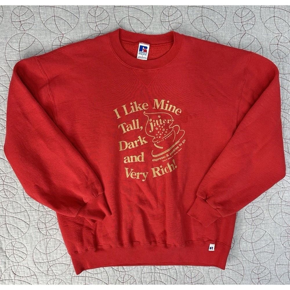 VTG Russell Athletic Crewneck Sweatshirt / Funny Coffee Logo /‎ Men's Large